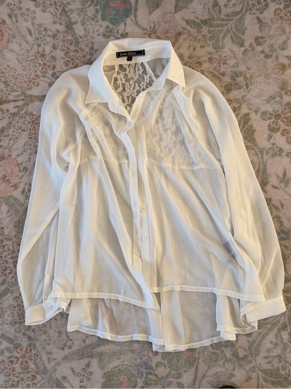 Love Stitch Sheer Button Down Blouse Size Small White Lace Back Mesh Boho